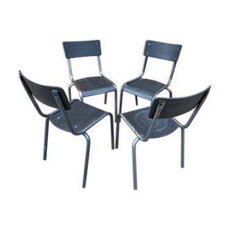 4 chaises industrielles d'école acier tubulaire et bois type mullca