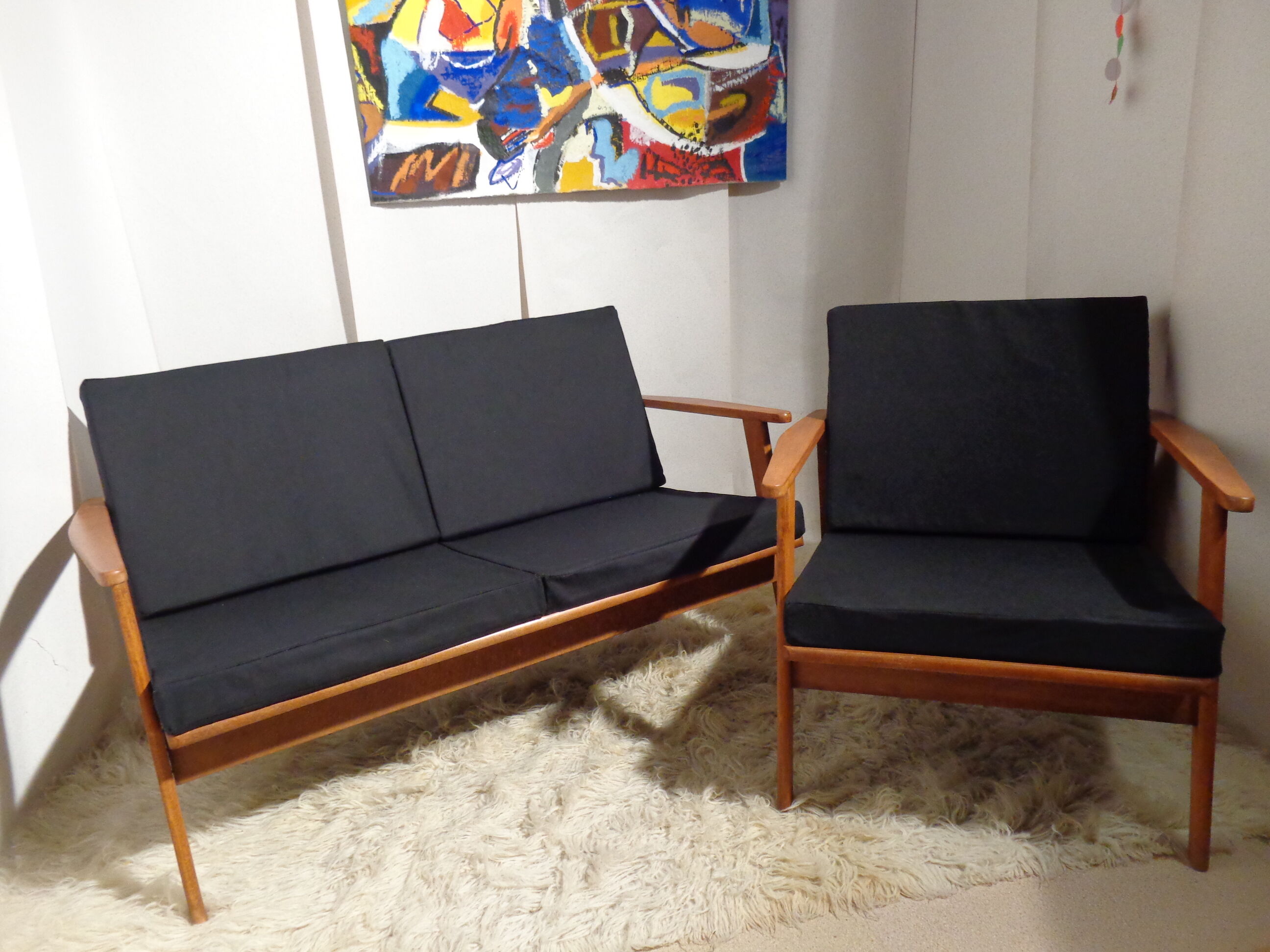 Vintage Scandinavian living room set in light wood