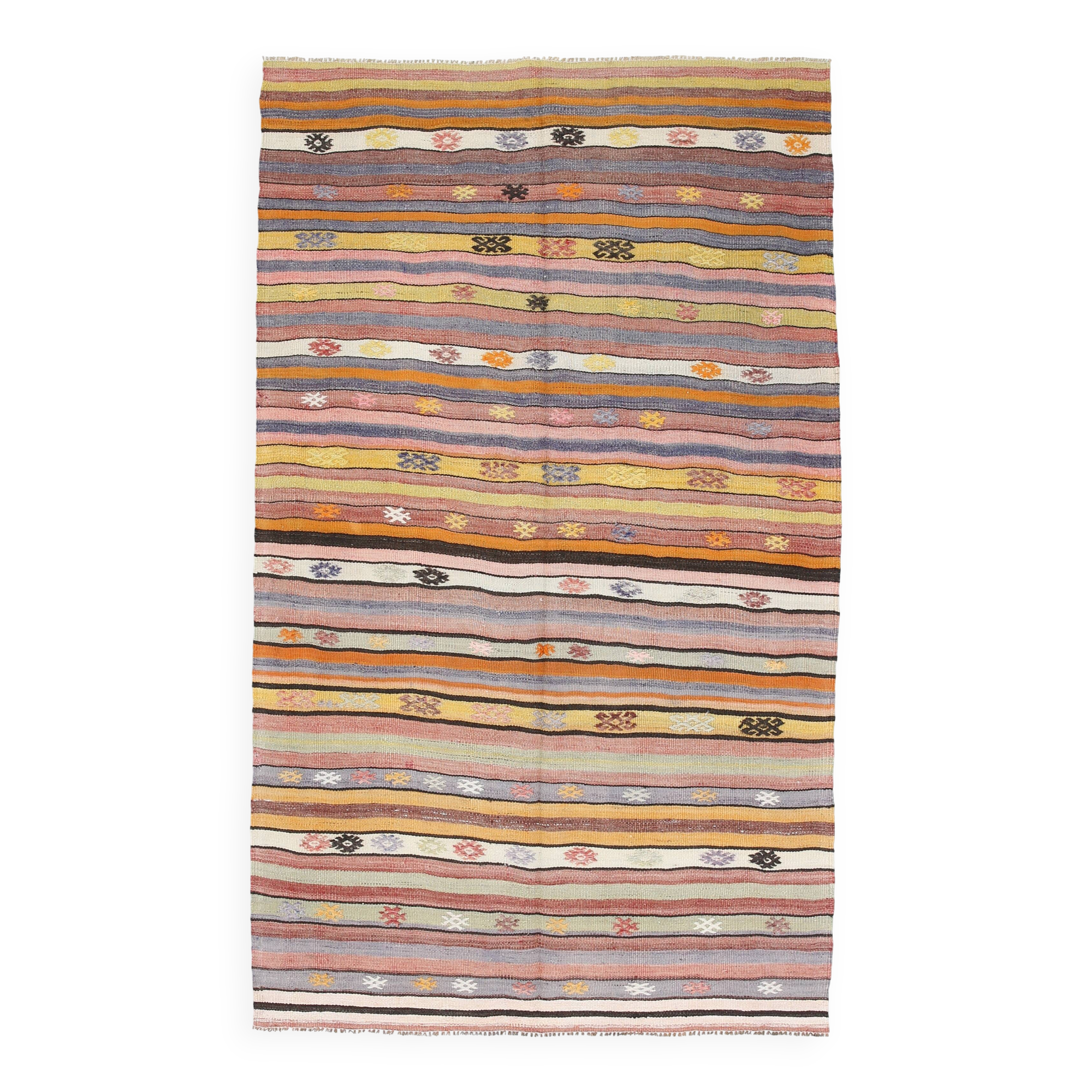 Kilim Vintage Anatolien Rayé – Tons Pastel Multicolores, Style Bohème