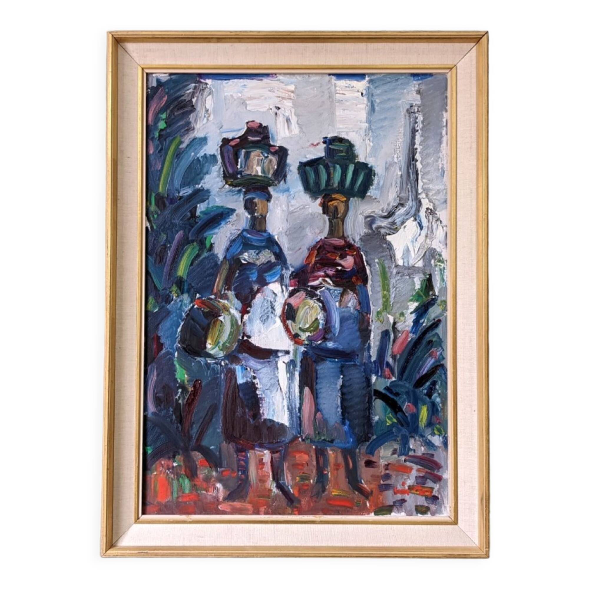 Peinture à l’huile figurative vintage suédoise « Moroccan Ladies » suédoise du milieu du siècle, encadrée