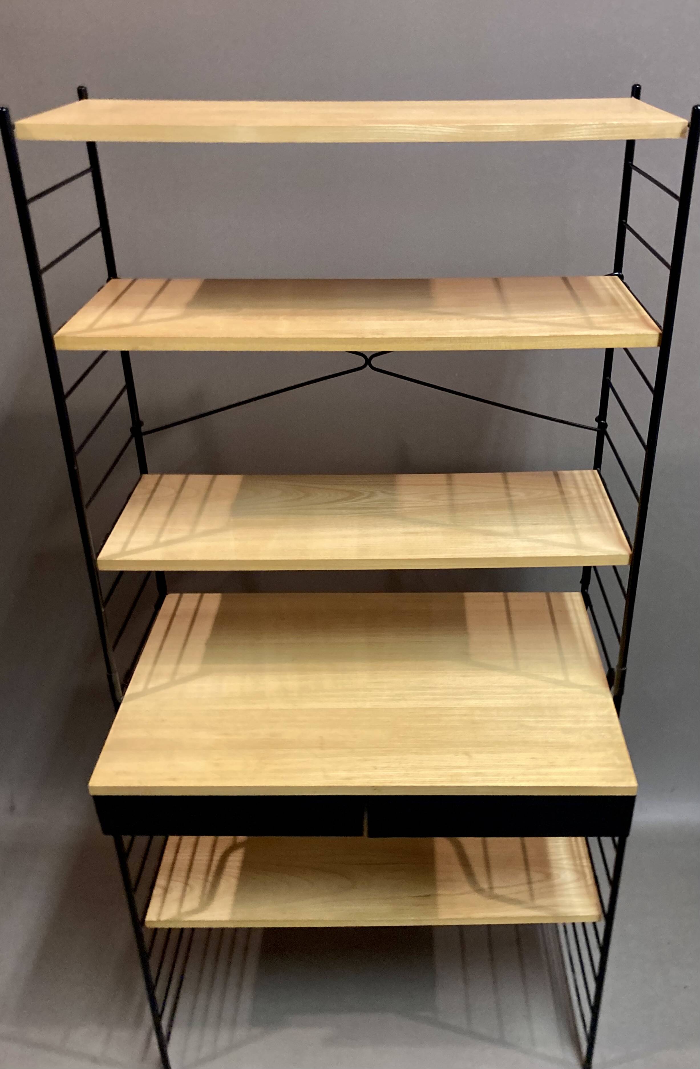 Modular bookcase and stool in black metal and beech, 1960