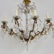 Old chandelier, suspension, old luminaire with 10 branches, brass and glass. 50s