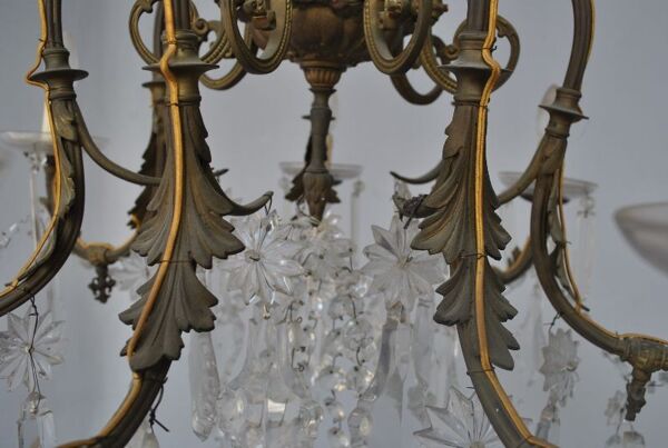 lustre pampilles de cristal bronze doré style rocaille XIXème