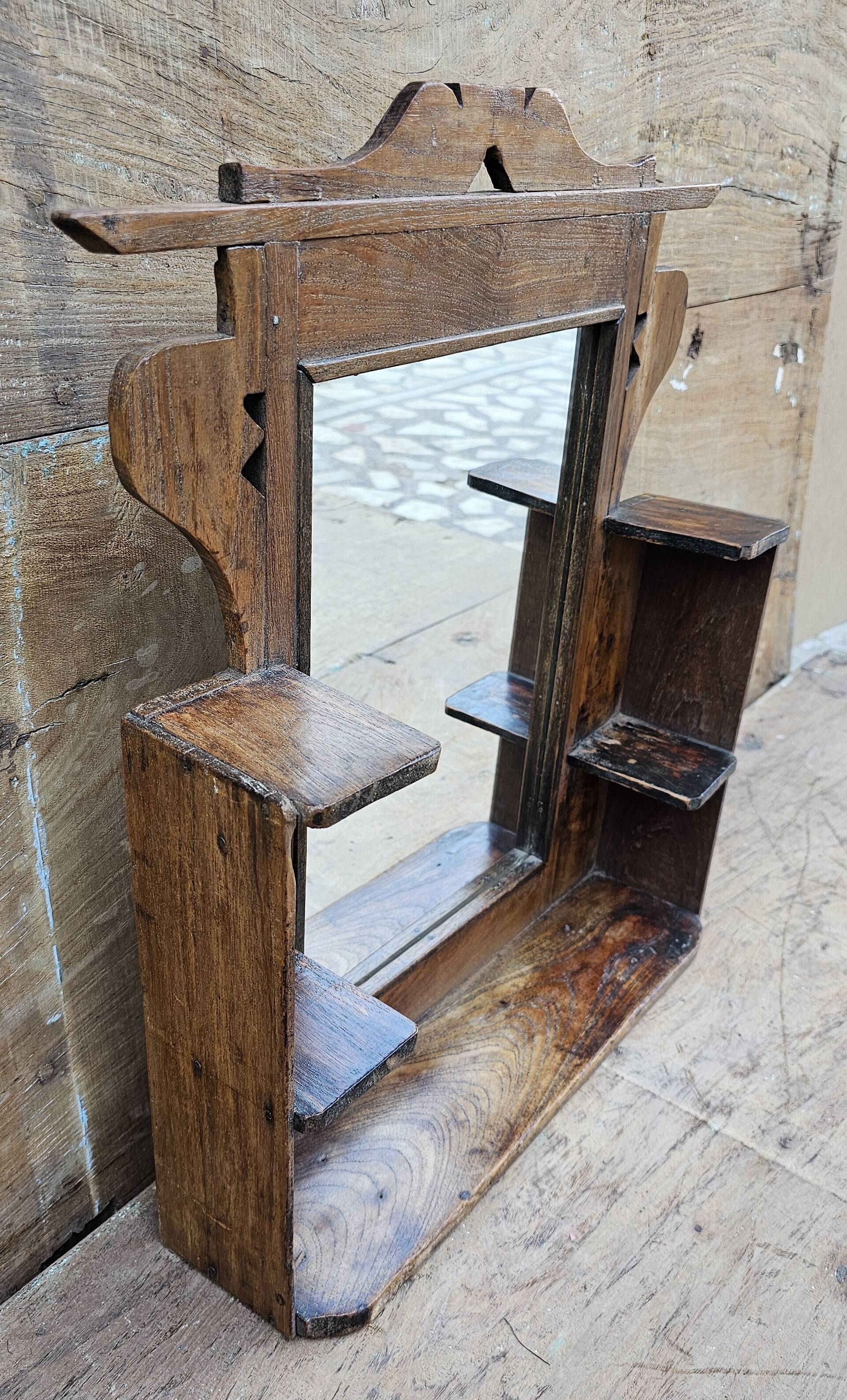 Antique mirror - Art Deco shelf in Burmese teak