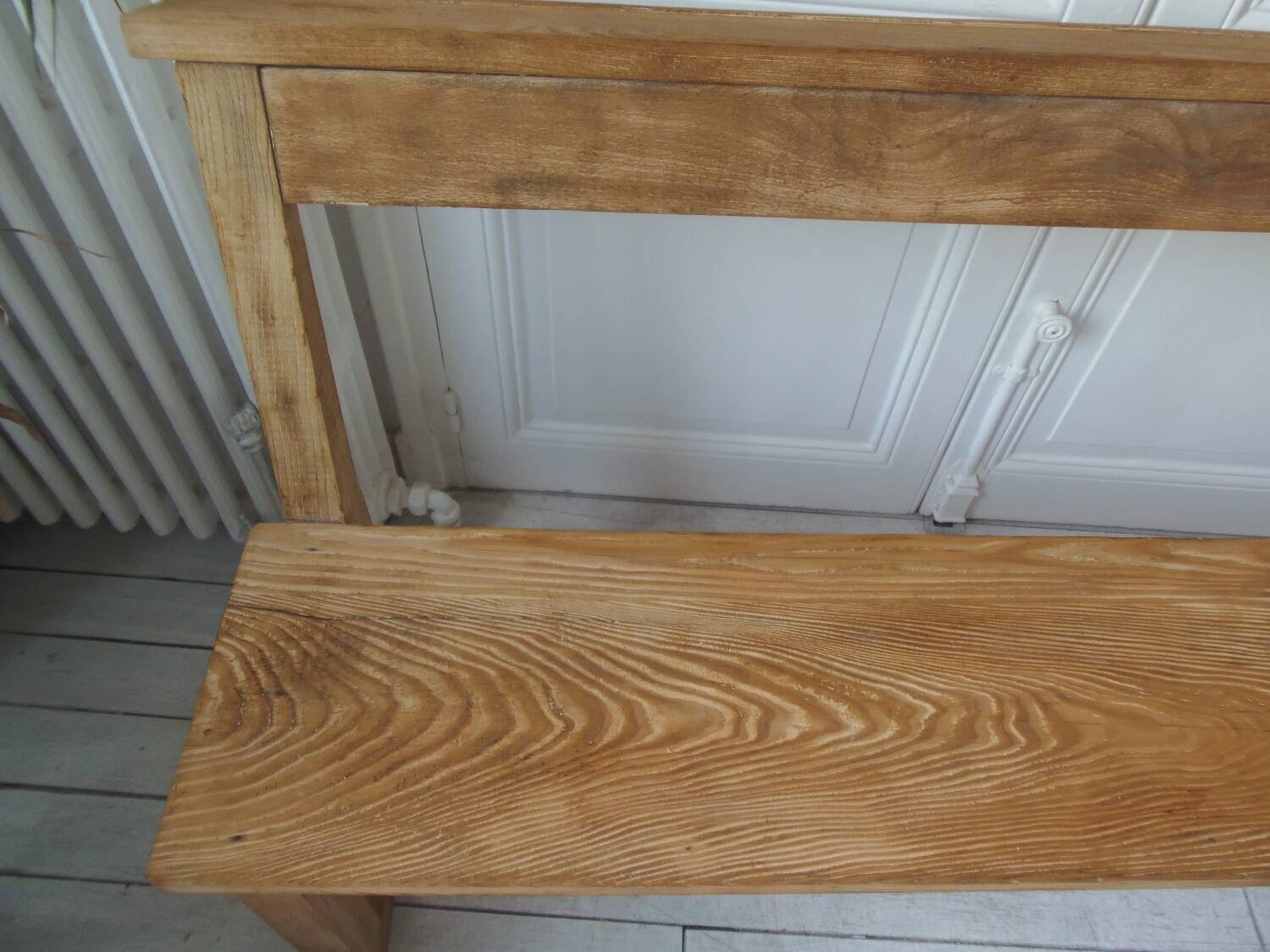 Church bench, end of bed in pitch pine with light oak waxed finish.