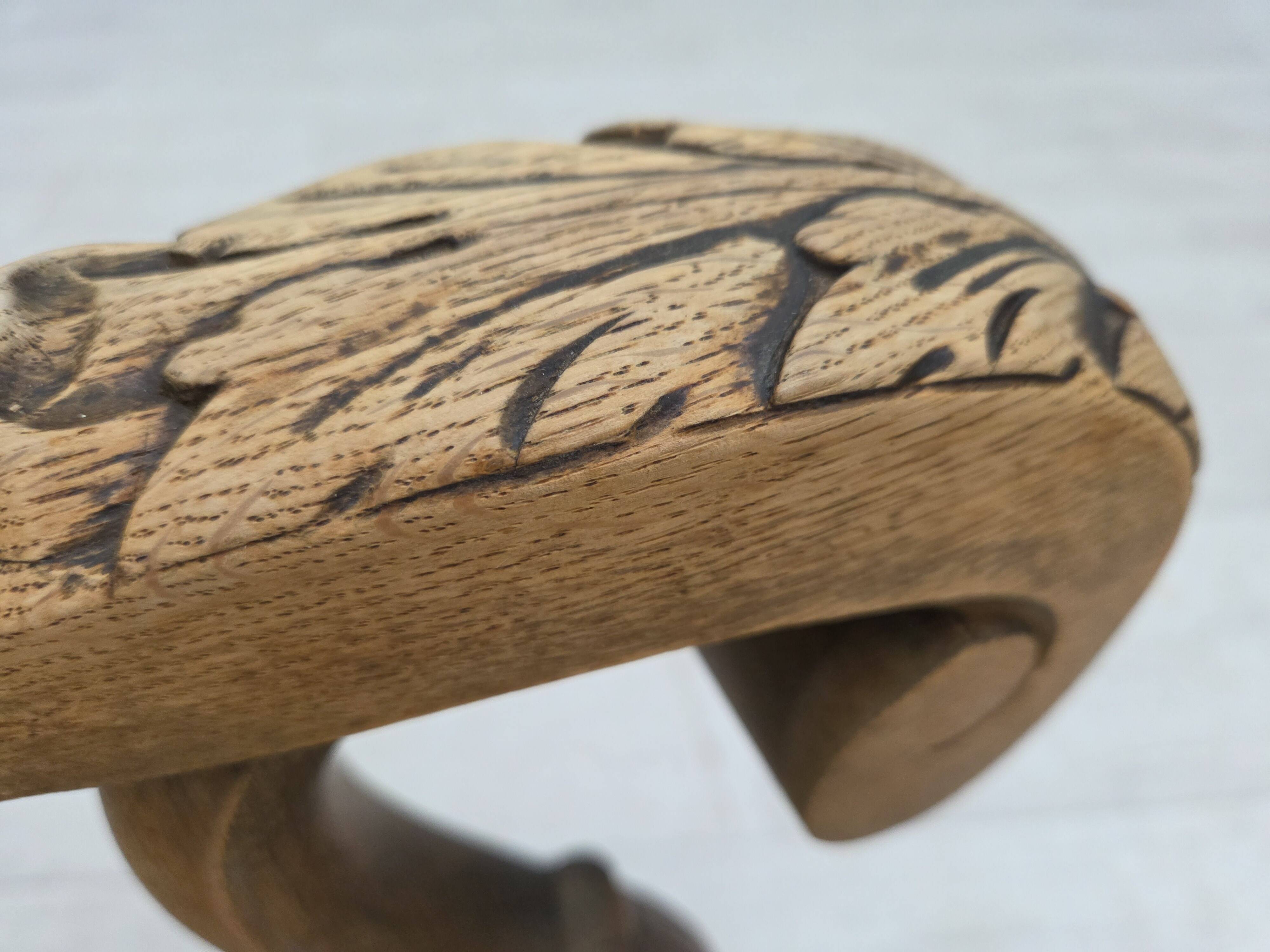 1960s, Danish armchair, beige/brown furniture fabric, carved oak wood.