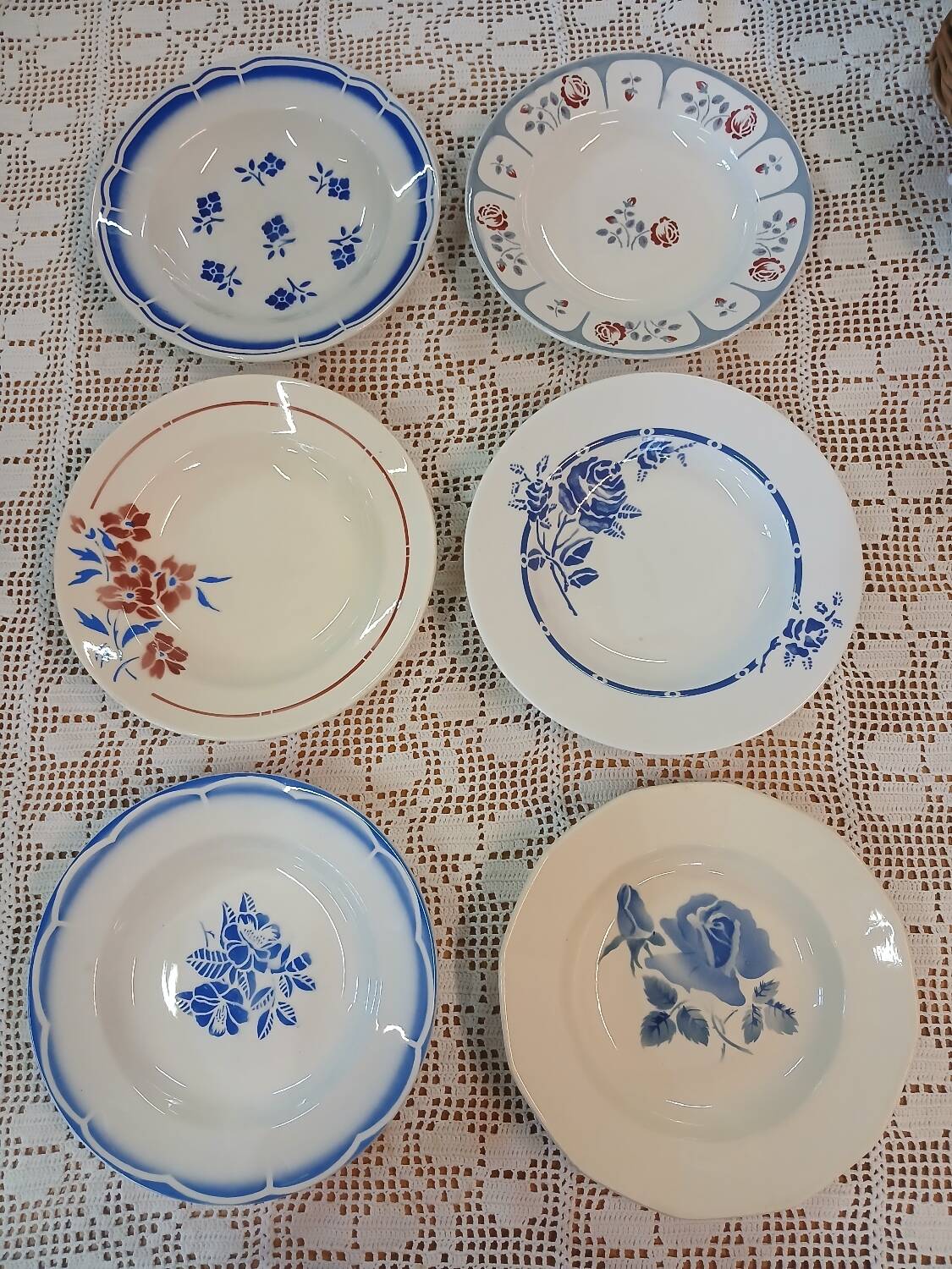 6 mismatched antique soup plates