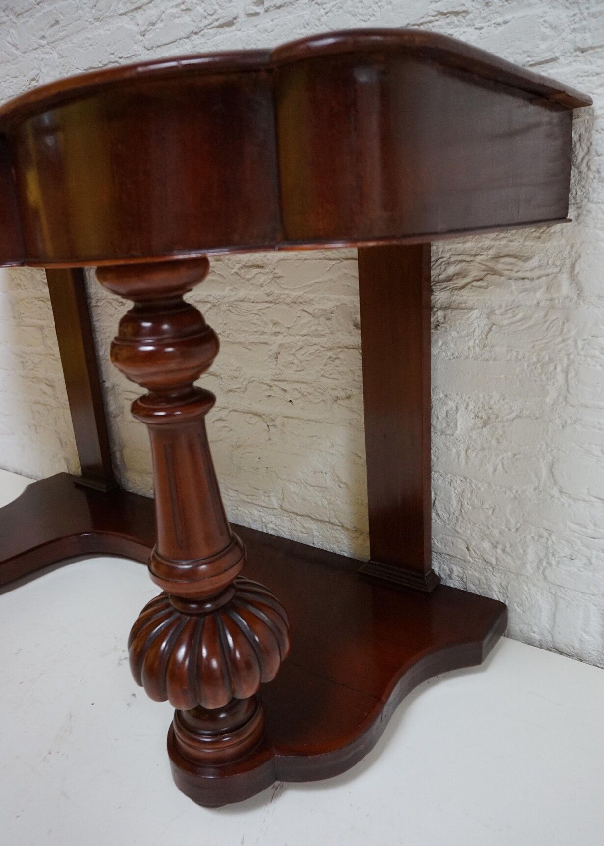 Biedermeier mahogany wall console table or desk with leather inlay top and drawer