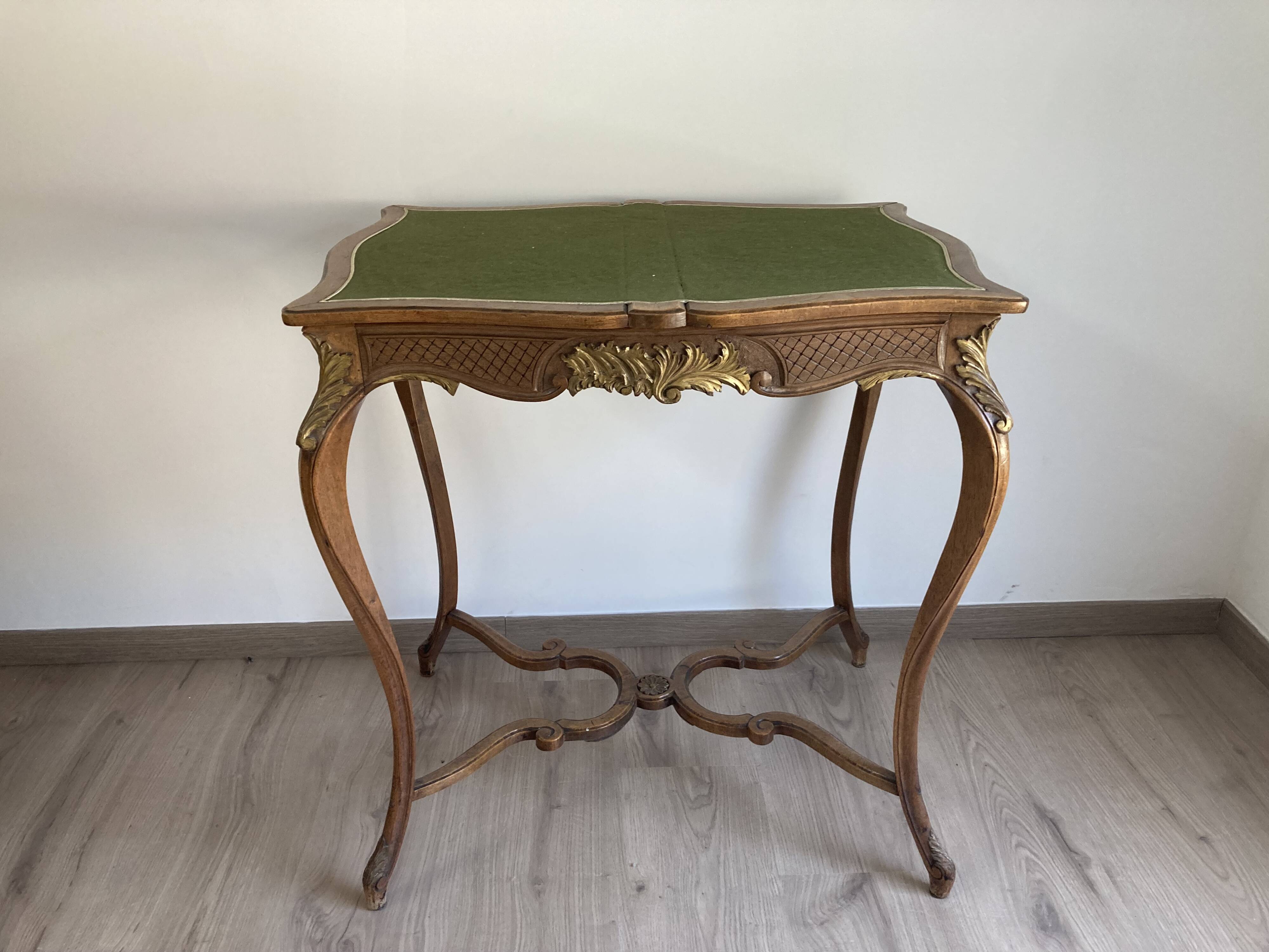 GAME TABLE STYLE LOUIS XV WOOD CARVED CIRCA 1900 GREEN CARPET 2 COMPARTMENTS