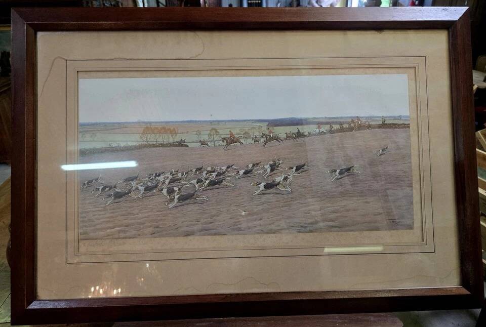 Hunting scene, watercolour engraving on paper signed by Cecil.
