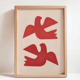 Birds painting 30x40cm red illustration signed Eawy