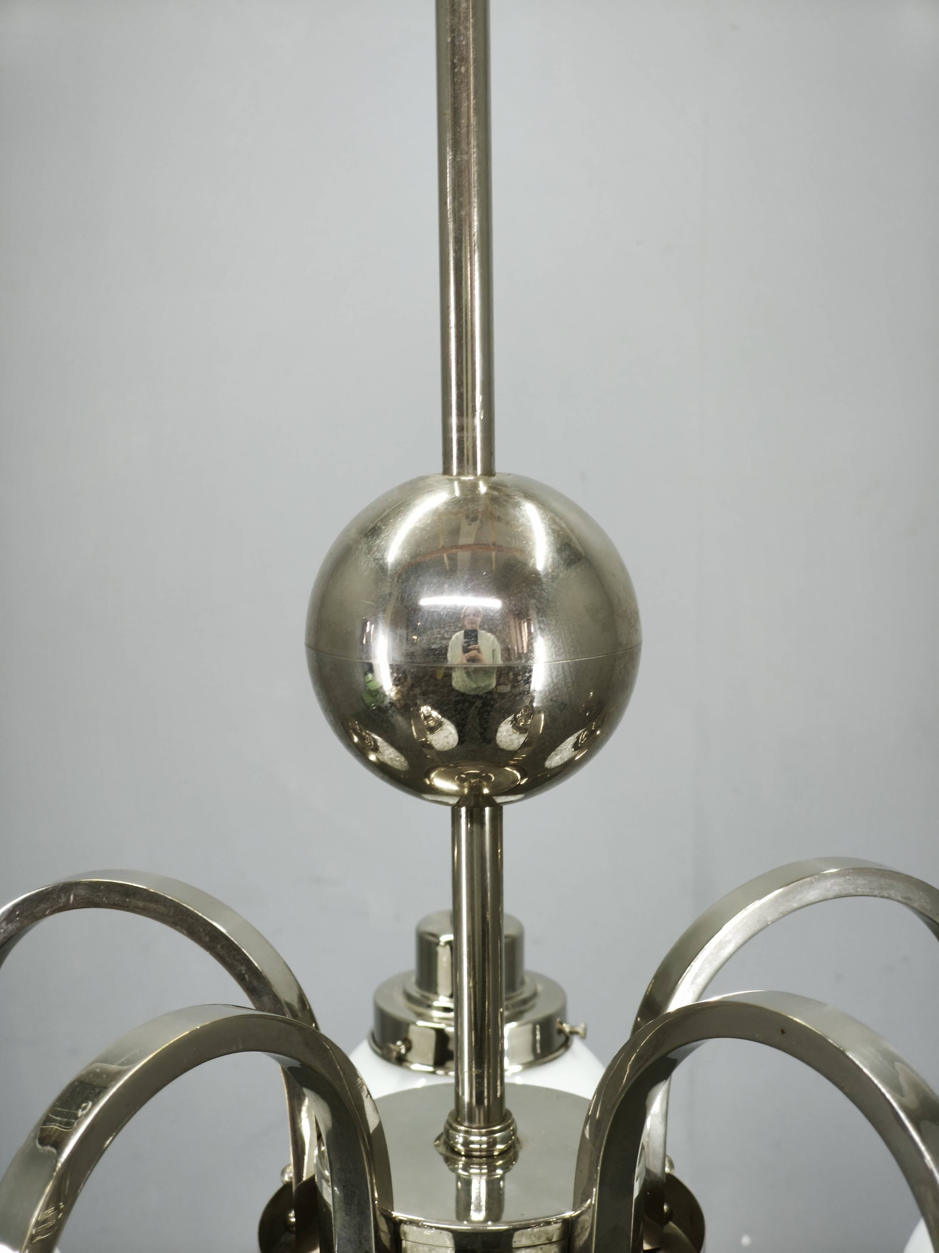 Art Deco Five-Light Chrome Chandelier, Czechoslovakia, 1930s