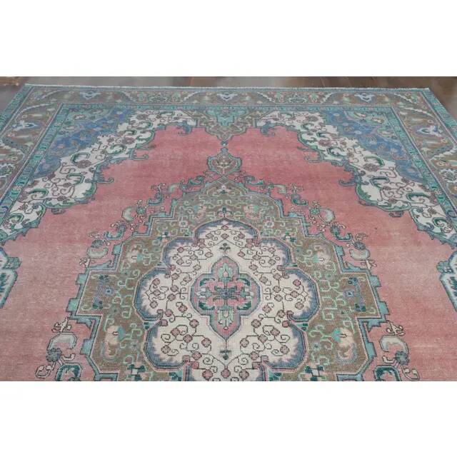 1970s Vintage Persian Handmade Wool Cotton Pink Area Rug 282x385
