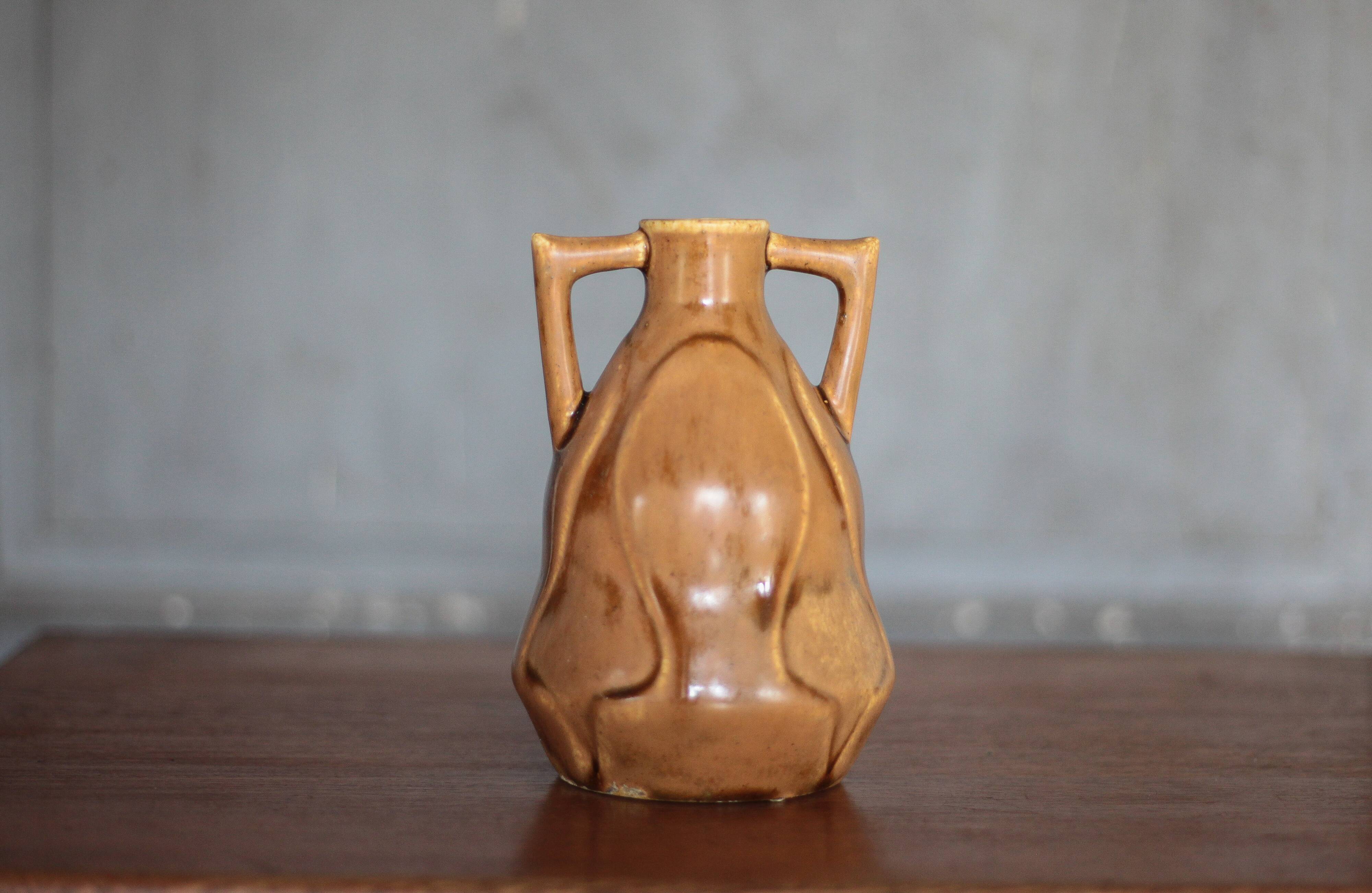 Vintage glazed ceramic vase, small vase with handles, interior decoration