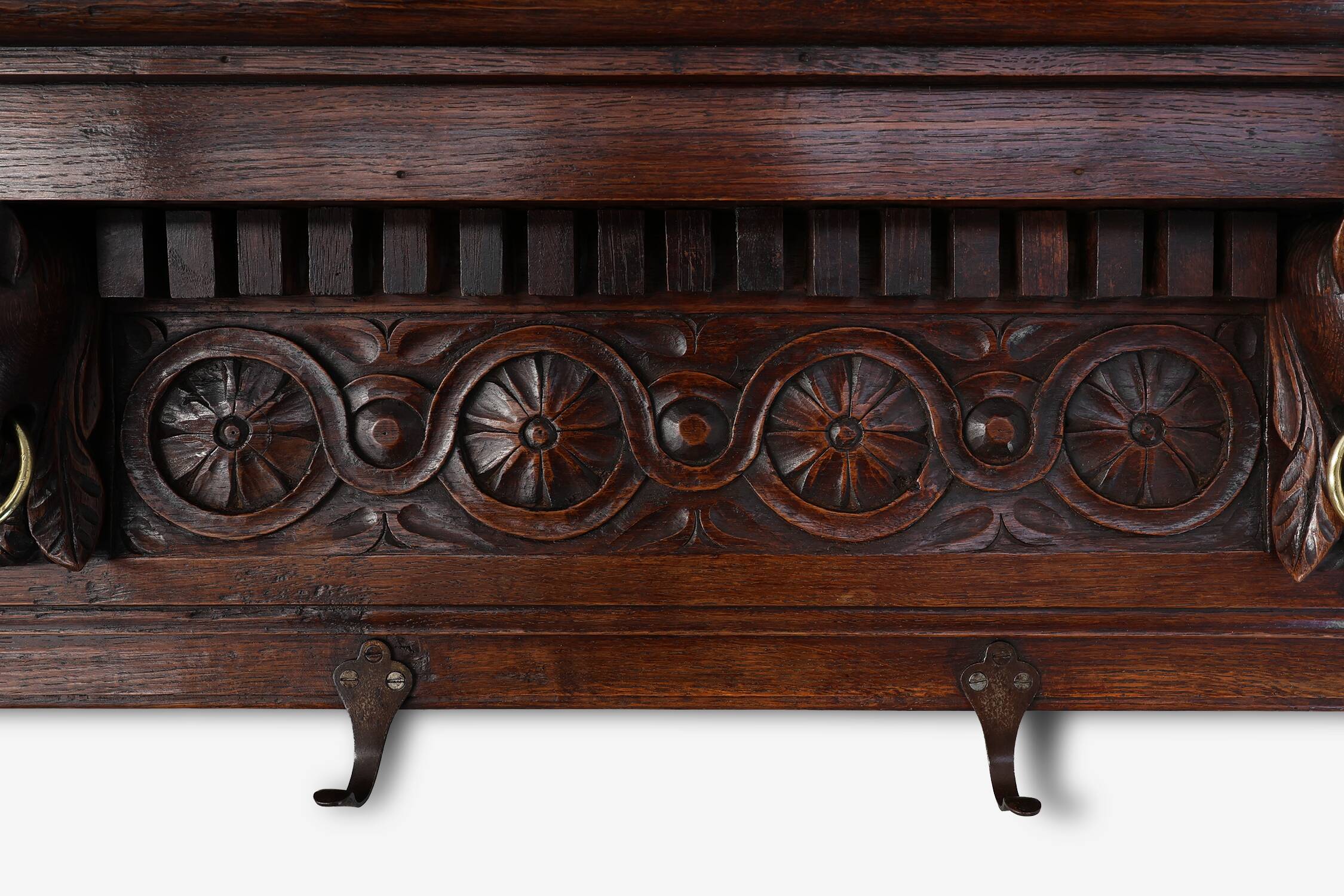 Large 18th Century Gothic solid oak hand carved coat rack, France