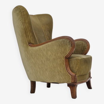 Années 1960, fauteuil danois en très bon état d'origine, meuble velours, bois de chêne.