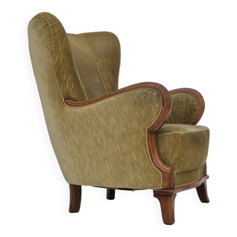 Années 1960, fauteuil danois en très bon état d'origine, meuble velours, bois de chêne.