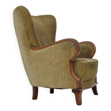 1960s, Danish armchair in original very good condition, furniture velour, oak wood.