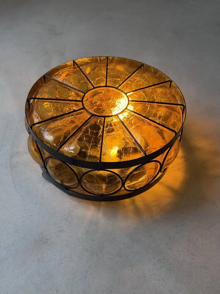 Vintage ceiling lamp amber crackle glass 1970s
