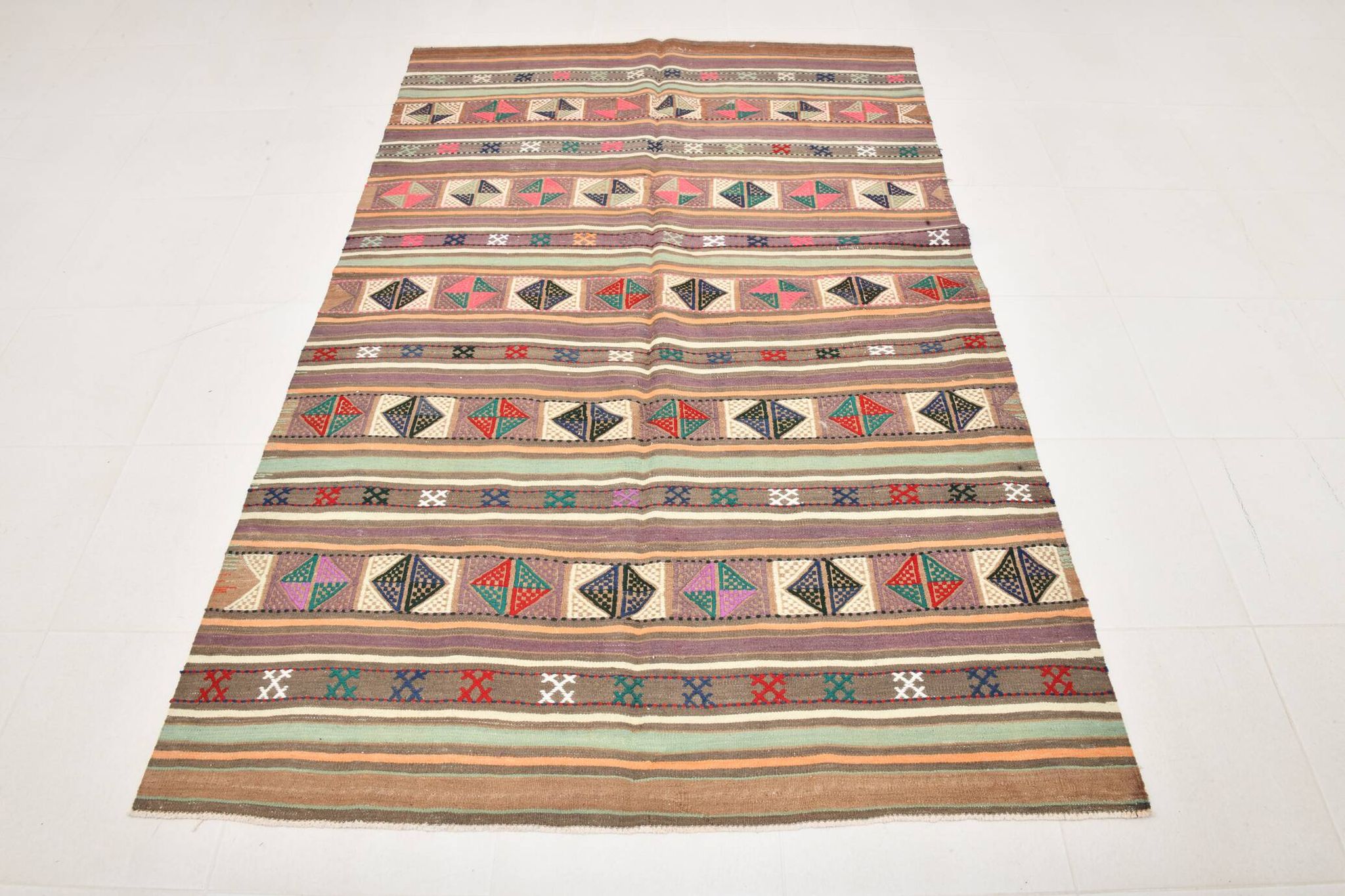Tapis kilim vintage en laine, motifs géométriques et tons pastel,146x224 Cm