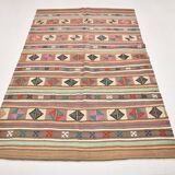Tapis kilim vintage en laine, motifs géométriques et tons pastel,146x224 Cm