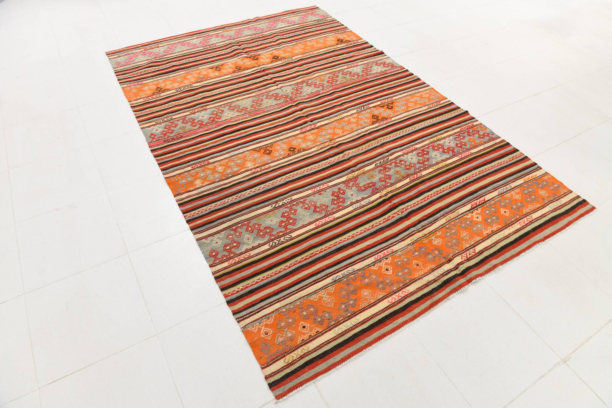 6x9 Red Orange Striped Handmade Kilim Rug, 174x267Cm
