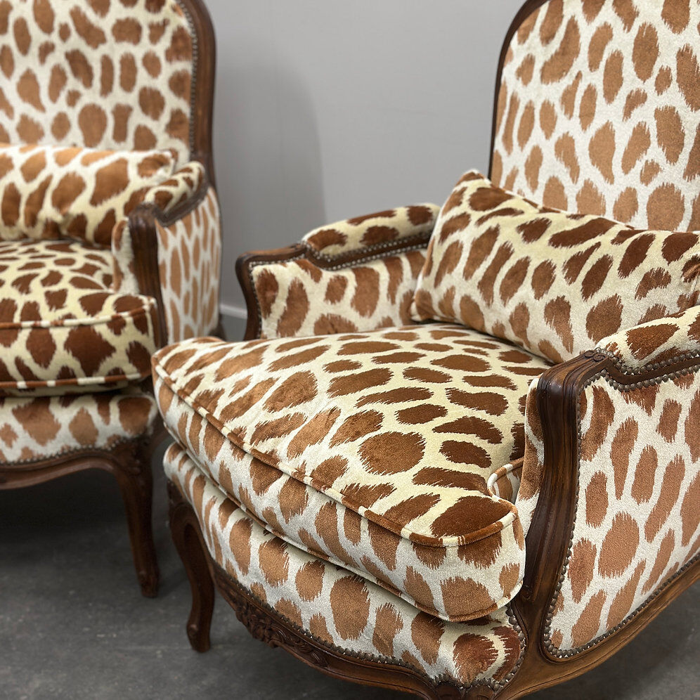 Pair of Louis XV style armchairs in giraffe velvet upholstery, France, 1950s