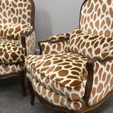Pair of Louis XV style armchairs in giraffe velvet upholstery, France, 1950s