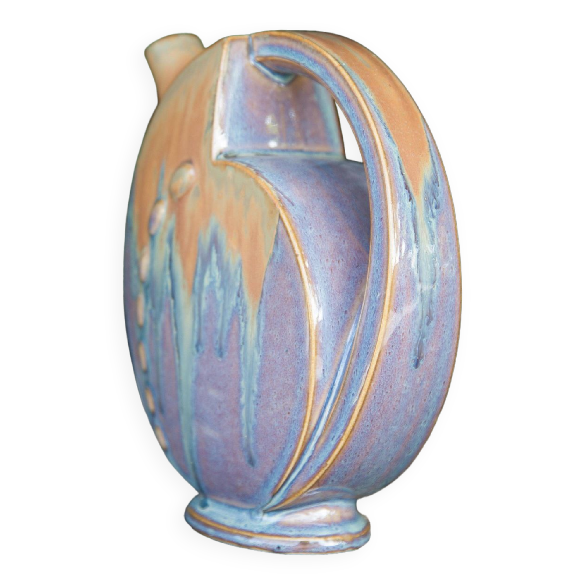 Flamed enameled stoneware bottle, pitcher, liquor bottle signed Denbac number 610, art vase