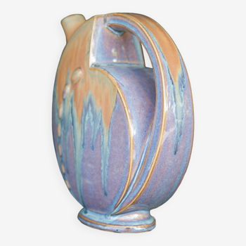 Flamed enameled stoneware bottle, pitcher, liquor bottle signed Denbac number 610, art vase