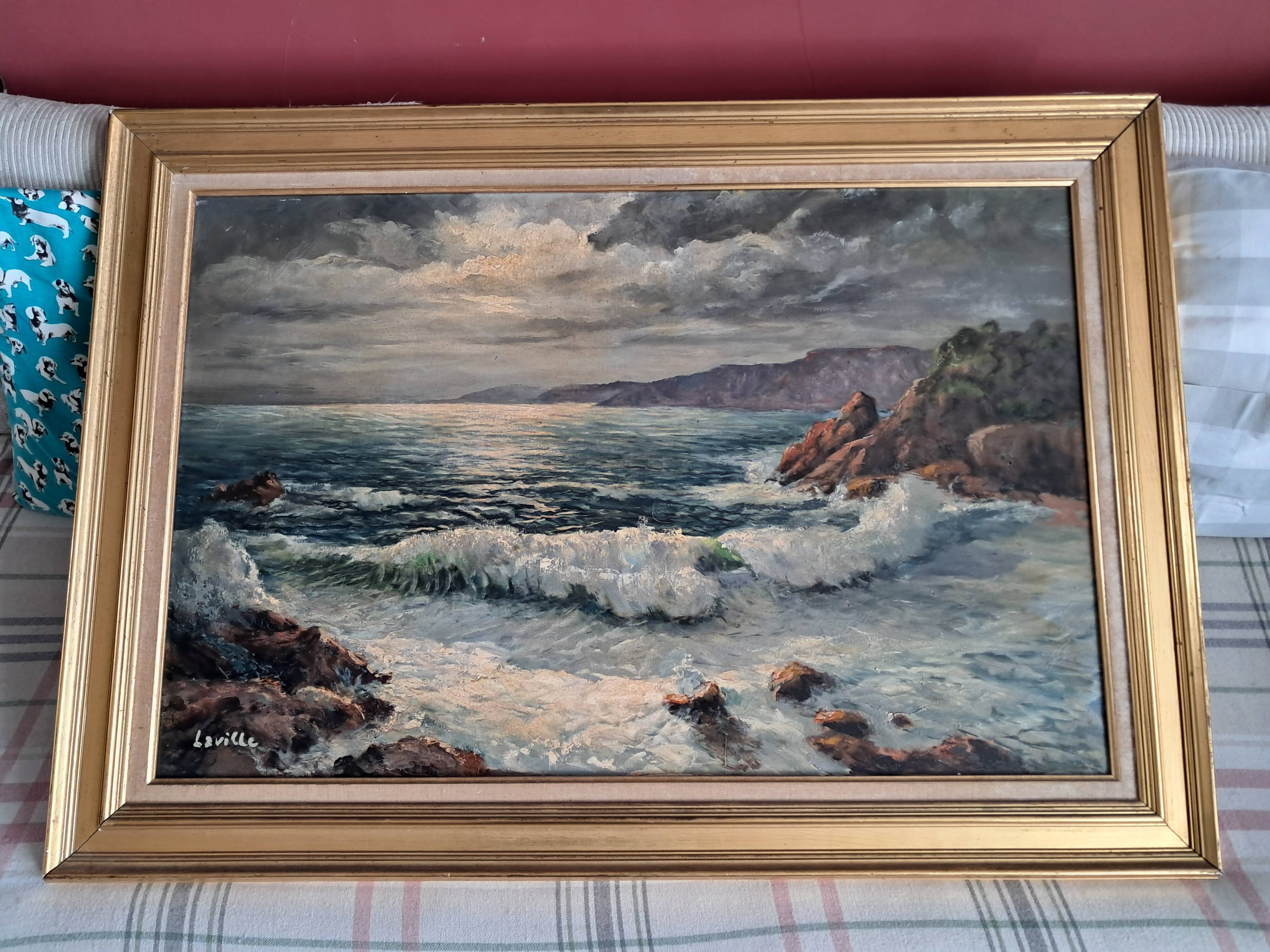 Large old oil painting on canvas depicting a seaside.