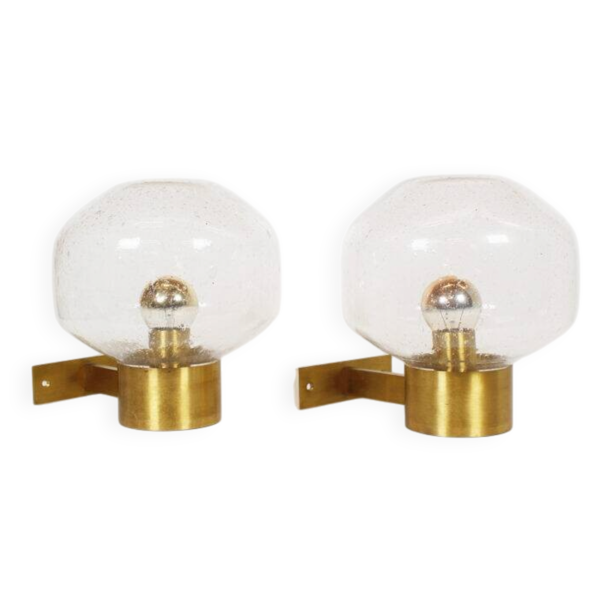 Pair of vintage brass and mouth blown glass wall lights