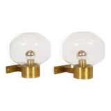 Pair of vintage brass and mouth blown glass wall lights