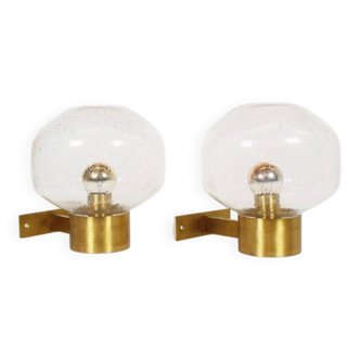 Pair of vintage brass and mouth blown glass wall lights