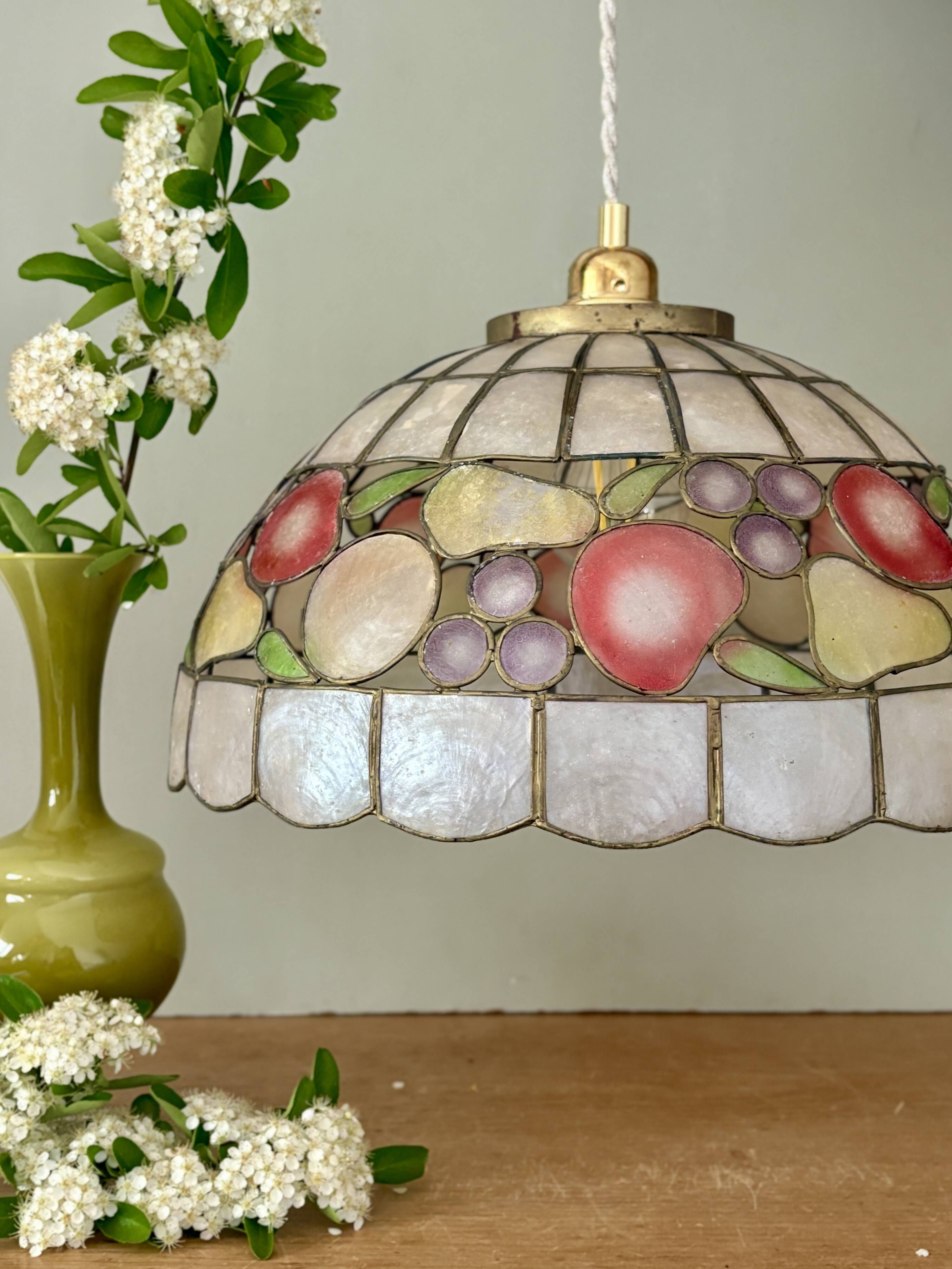 Vintage mother-of-pearl and brass pendant lampshade with fruit decorations