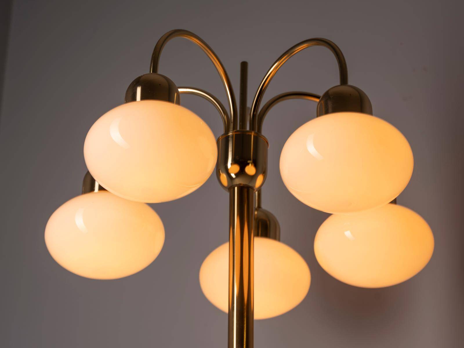 Vintage brass floor lamp with five opaline glass shades, mid-century, Czechoslovakia, 165 × 60 × 30 cm