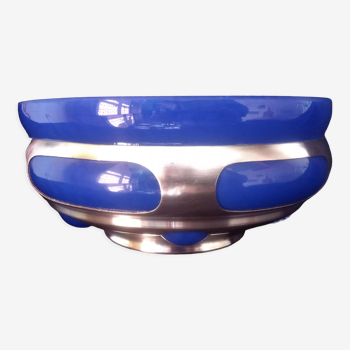 Centre de table art déco en métal argenté et verre bleu moucheté (breveté)