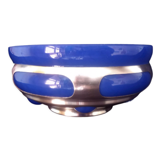 Centre de table art déco en métal argenté et verre bleu moucheté (breveté)