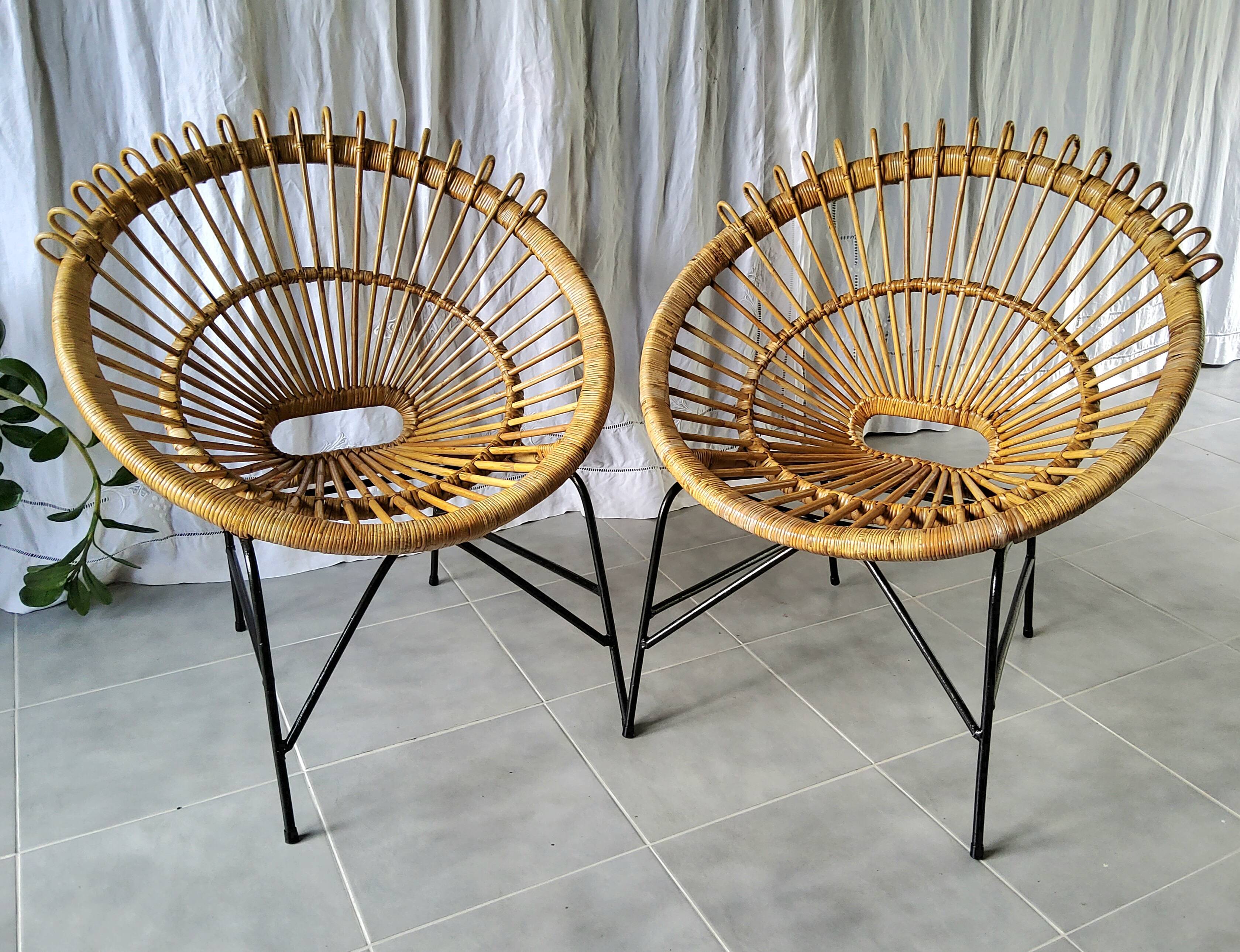 Pair of 60s rattan armchairs