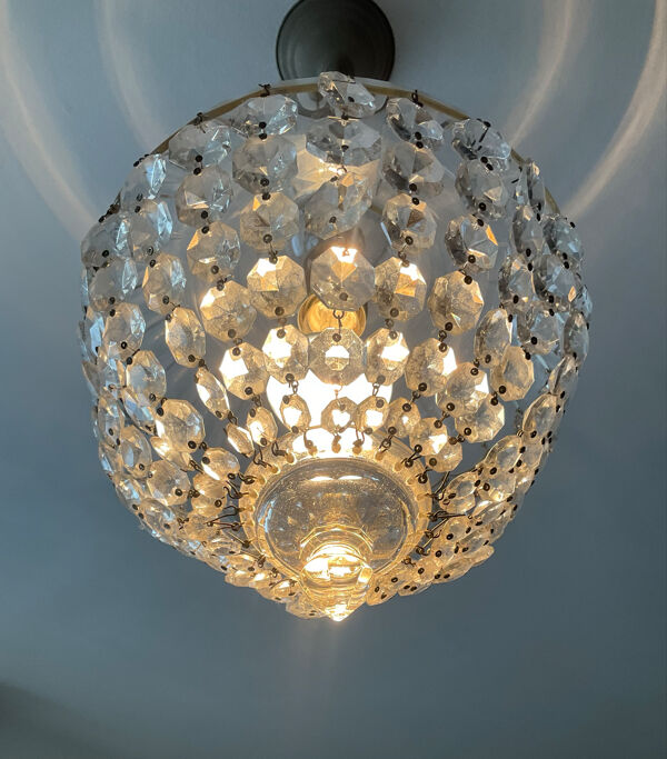 Ancien Lustre corbeille à pampilles de cristal