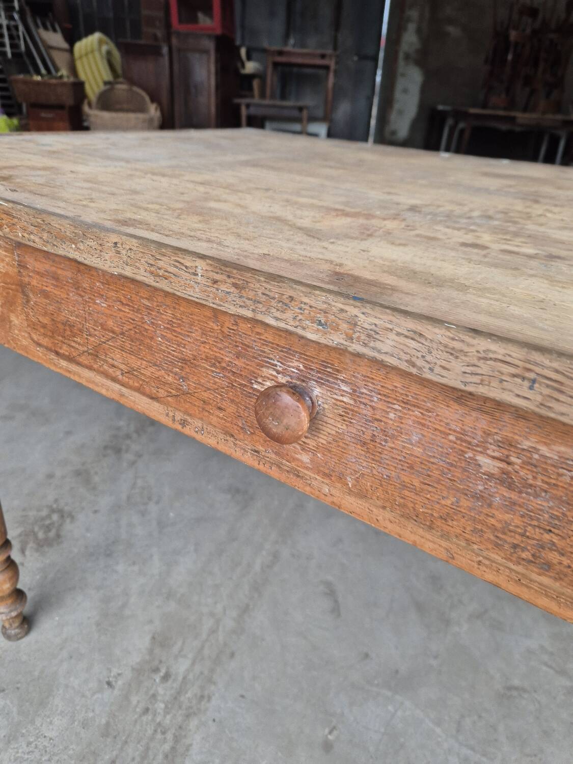 Antique rustic bistro farm table 1900 one drawer - 1m23