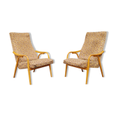 Paire de fauteuils par Antonin Suman pour Ton, en bois courbé et tissu 1960