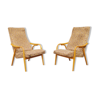 Pair of armchairs by Antonin Suman for Ton in curved wood and fabric 1960