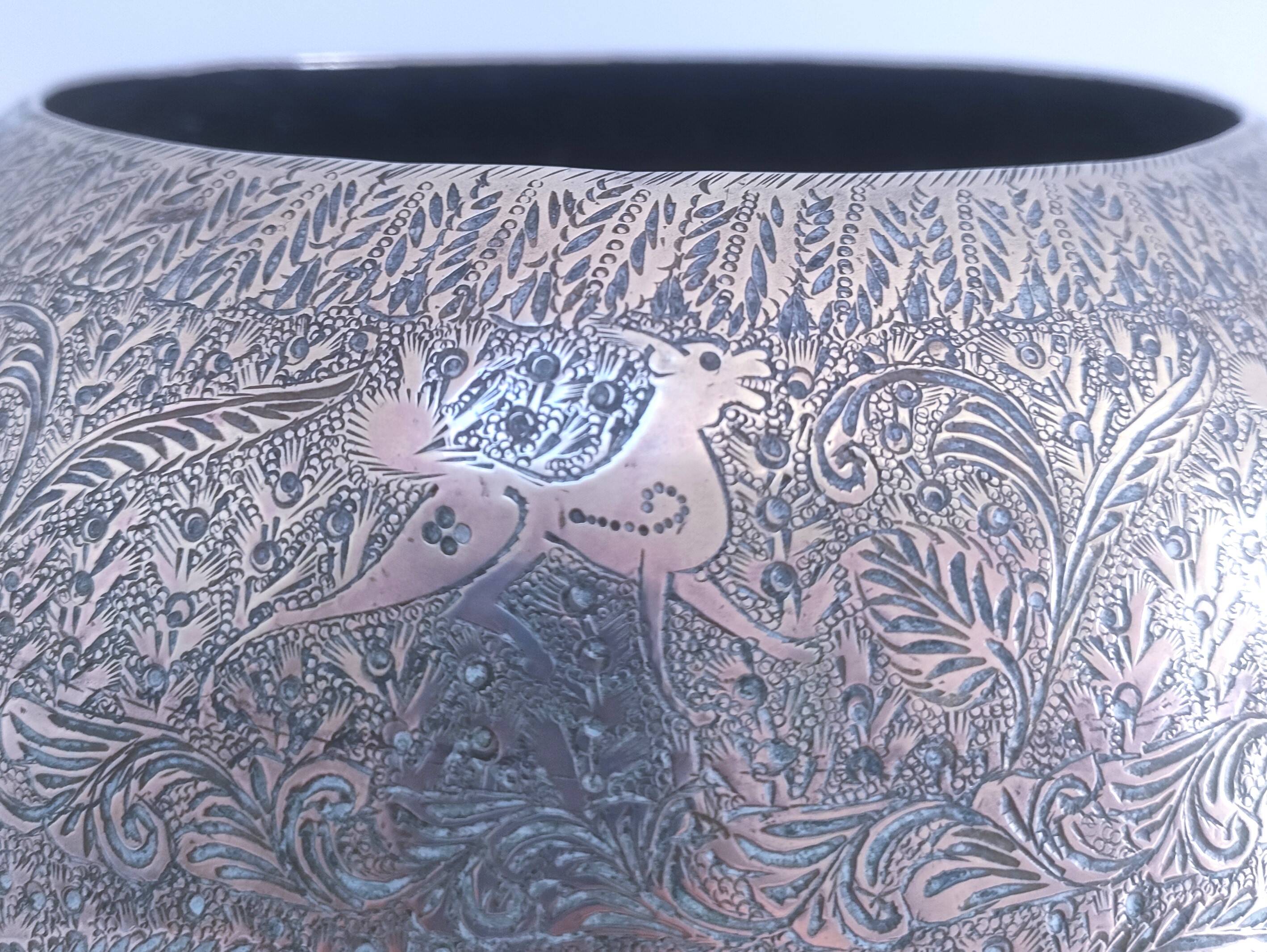 Solid brass pot cover engraved decor animal plant characters