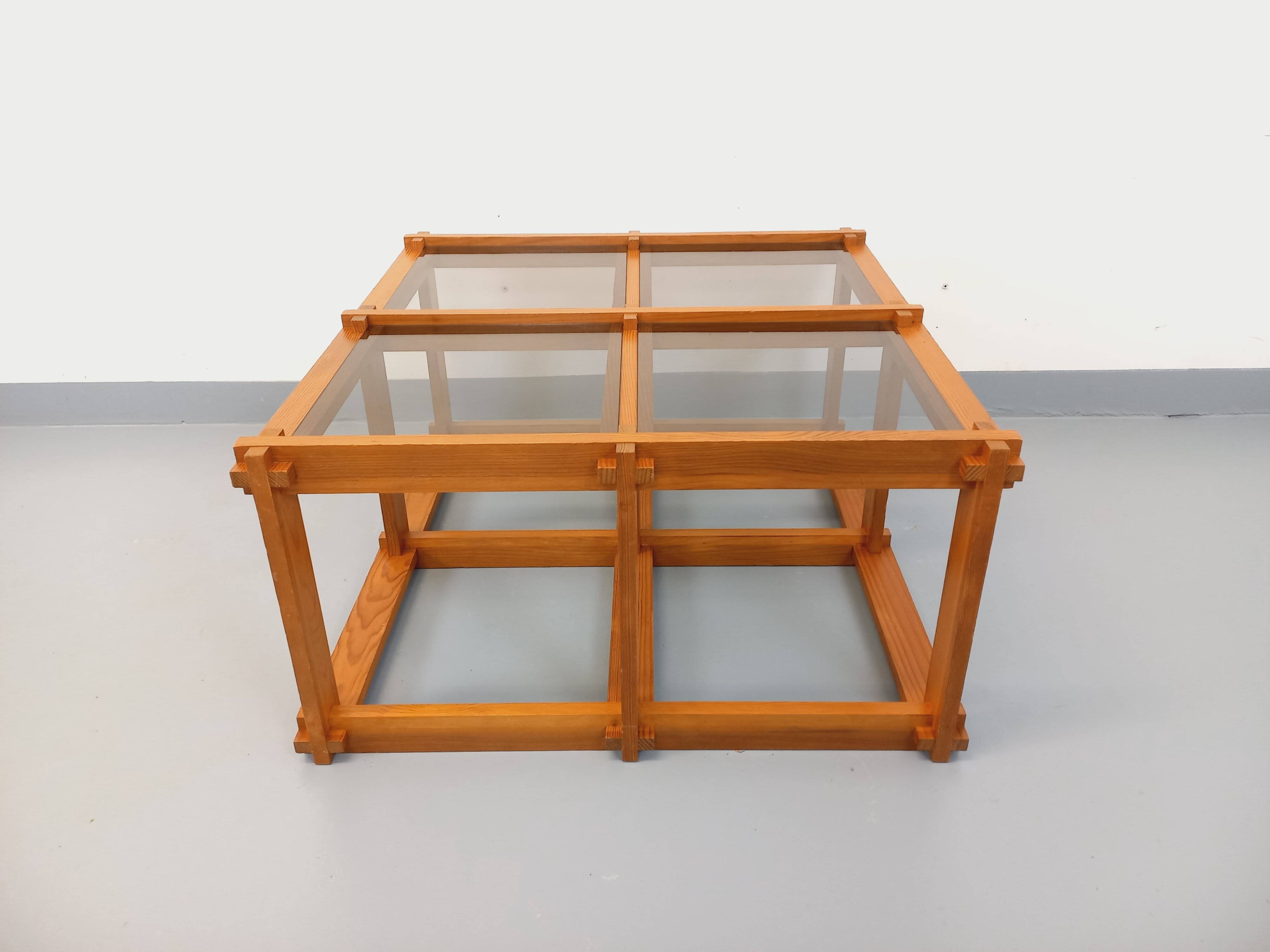Vintage square coffee table in pine and smoked glass from the 70s and 80s.