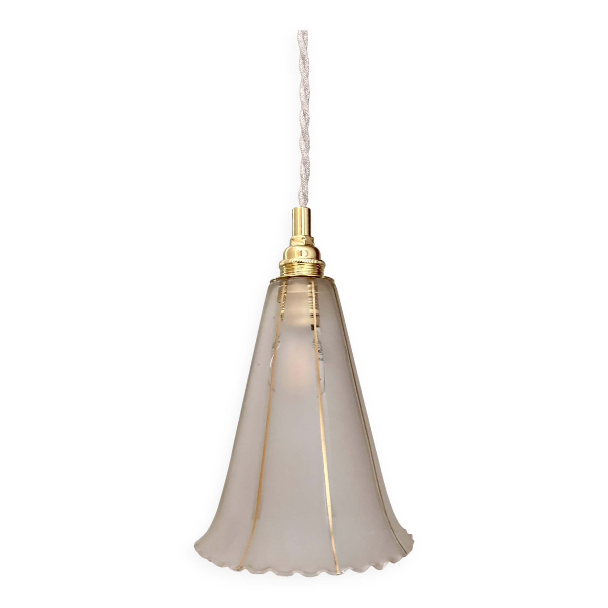 Vintage tulip pendant light in white and gold frosted glass