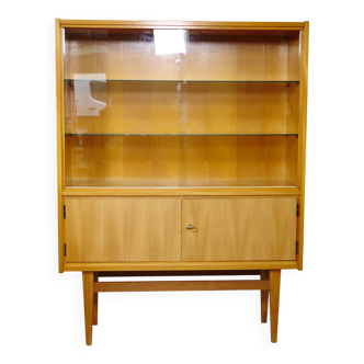 Elm wood highboard with display cabinet, 1960s