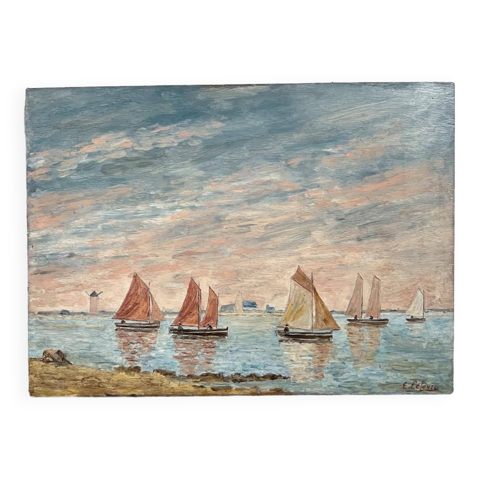 Old marine painting seaside mill Brittany