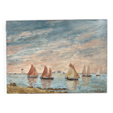 Ancienne peinture marine bord de mer moulin Bretagne