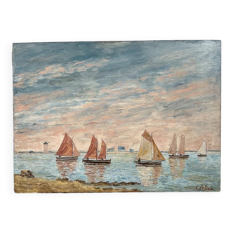 Ancienne peinture marine bord de mer moulin Bretagne